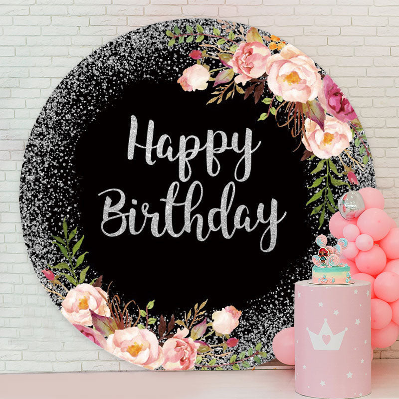 Aperturee - Sliver Glitter Round Floral Birthday Backdrop