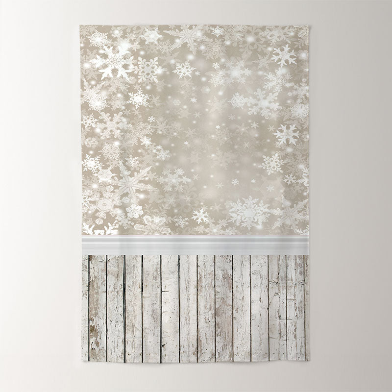 Aperturee - Snowflake Beige Wooden Floor Winter Photo Backdrop