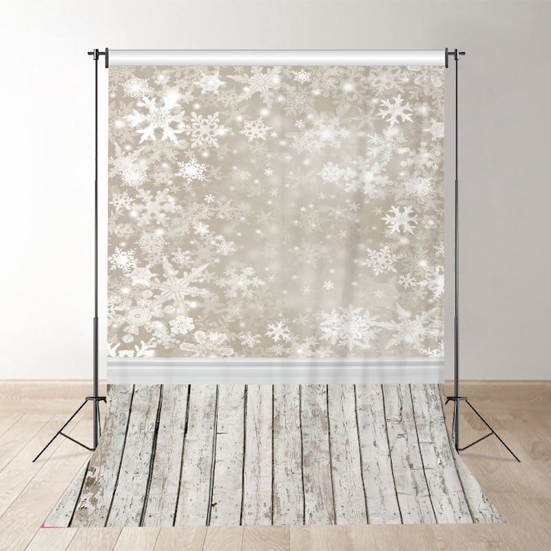 Aperturee - Snowflake Beige Wooden Floor Winter Photo Backdrop