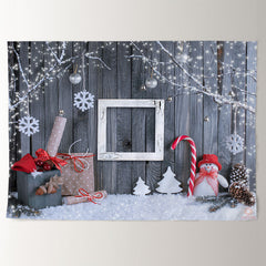 Aperturee - Snowman Gift White Grey Wooden Christmas Backdrop