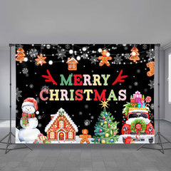 Aperturee - Snowman Gingerman Black Merry Christmas Backdrop