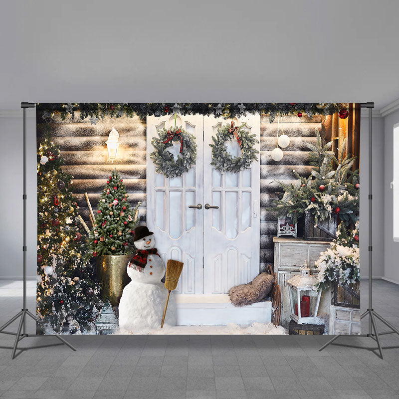 Aperturee - Snowman White Door House Wreath Christmas Backdrop