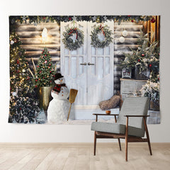Aperturee - Snowman White Door House Wreath Christmas Backdrop
