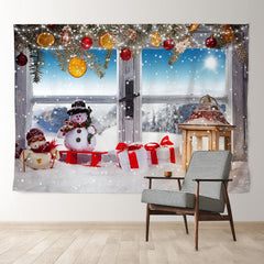 Aperturee - Snowmen Orange Light Sunny Wood Christmas Backdrop