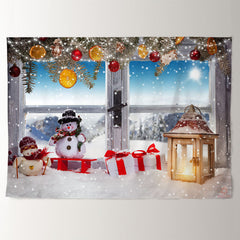 Aperturee - Snowmen Orange Light Sunny Wood Christmas Backdrop