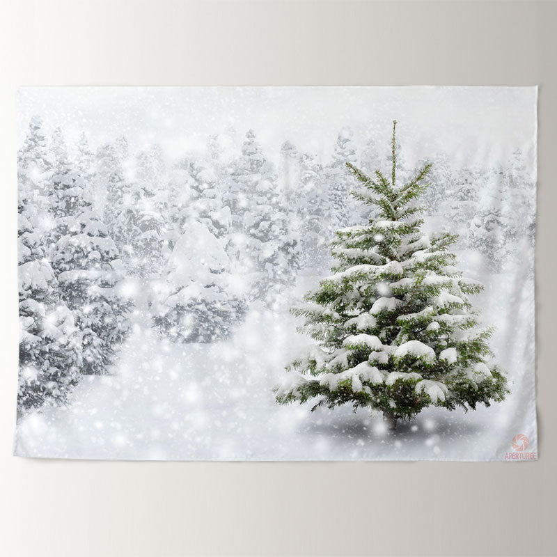 Aperturee - Snowy Foggy Pine Tree Forest White Winter Backdrop