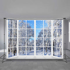 Aperturee - Snowy Lane Outside Window White Christmas Backdrop