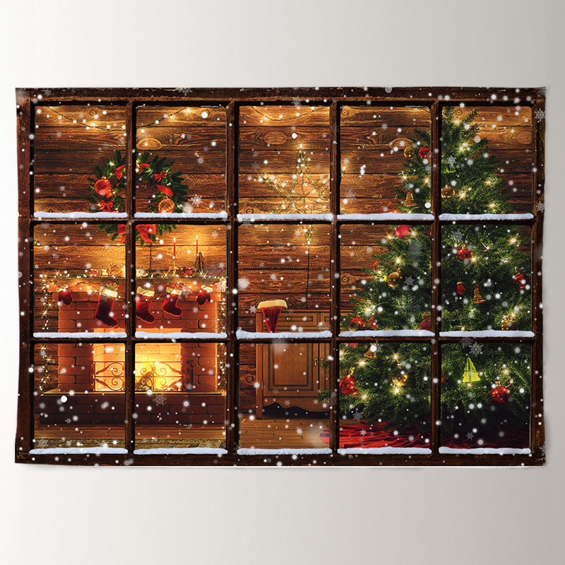 Aperturee - Snowy Window Fireplace Wood Christmas Backdrop