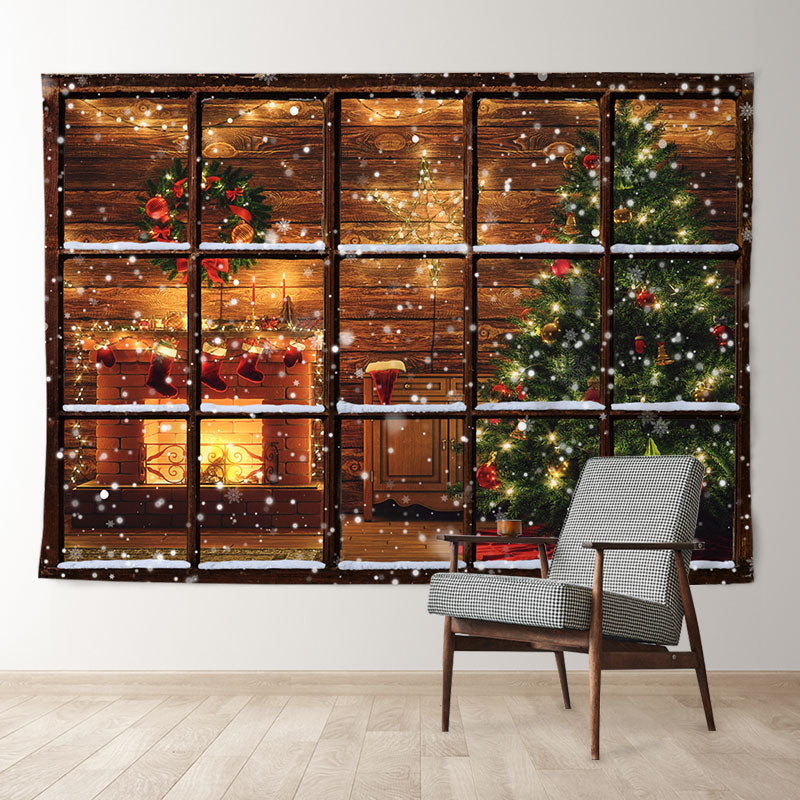 Aperturee - Snowy Window Fireplace Wood Christmas Backdrop