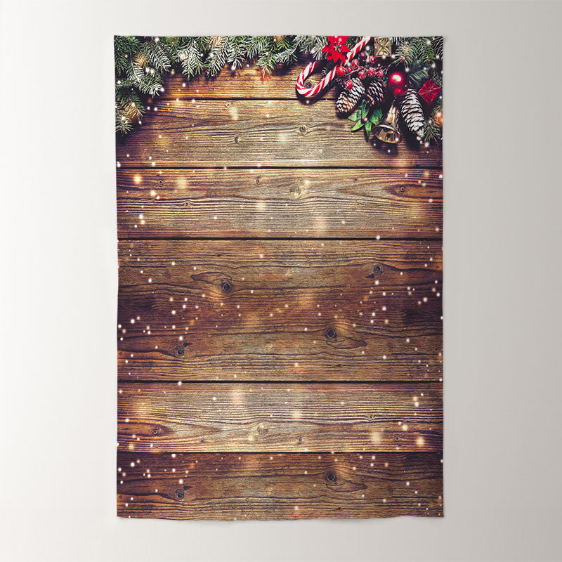 Aperturee - Snowy Wooden Pine Christmas Cane Photograph Backdrop