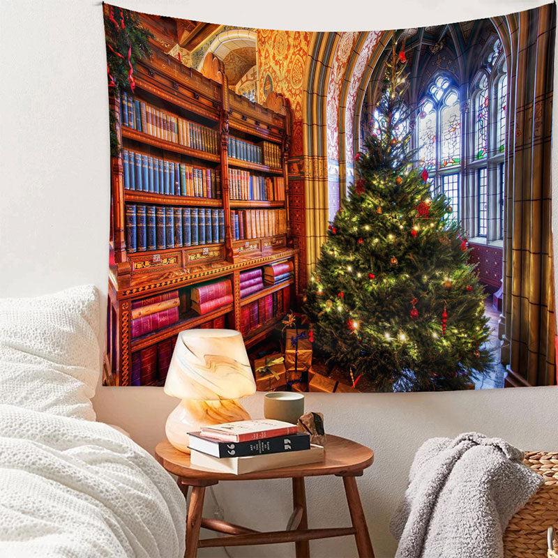 Aperturee - Stained Glass Bookshelf Tree Christmas Backdrop