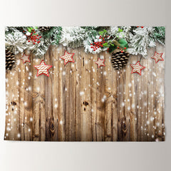 Aperturee - Stars Pine Leaves Snowy Wood Christmas Backdrop