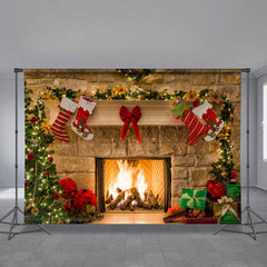 Aperturee - Stocking Fireplace Gift Brick Christmas Backdrop