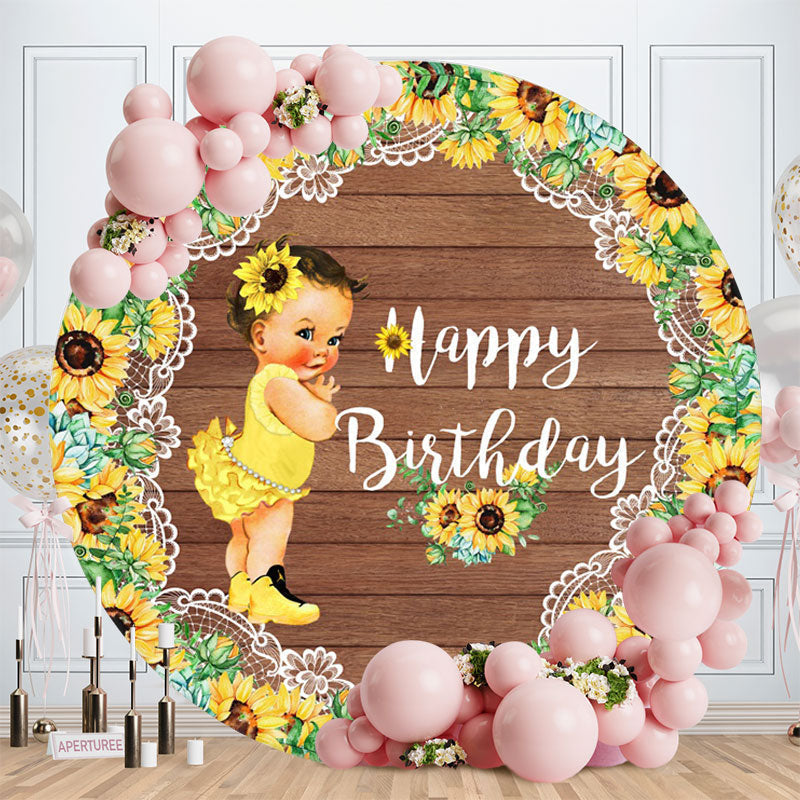 Aperturee - Sunflowers Girl Round Brown Wood Birthday Backdrop