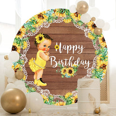 Aperturee - Sunflowers Girl Round Brown Wood Birthday Backdrop