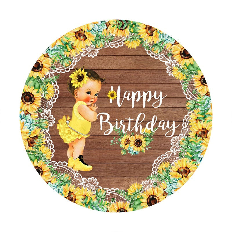 Aperturee - Sunflowers Girl Round Brown Wood Birthday Backdrop