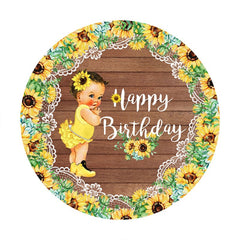 Aperturee - Sunflowers Girl Round Brown Wood Birthday Backdrop