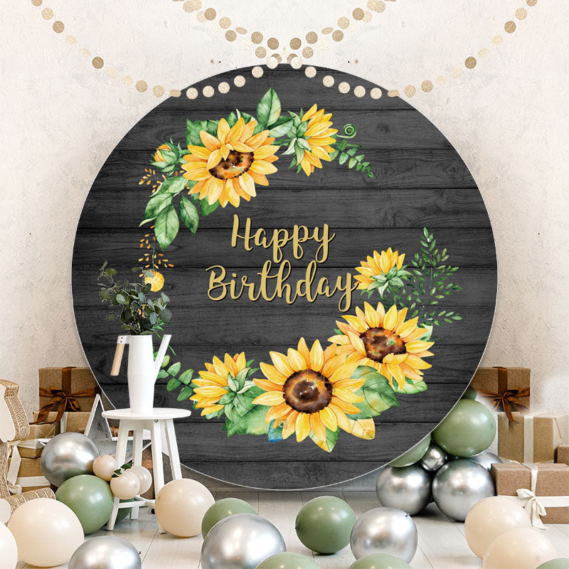 Aperturee - Sunflowers Round Black Wood Birthday Backdrop