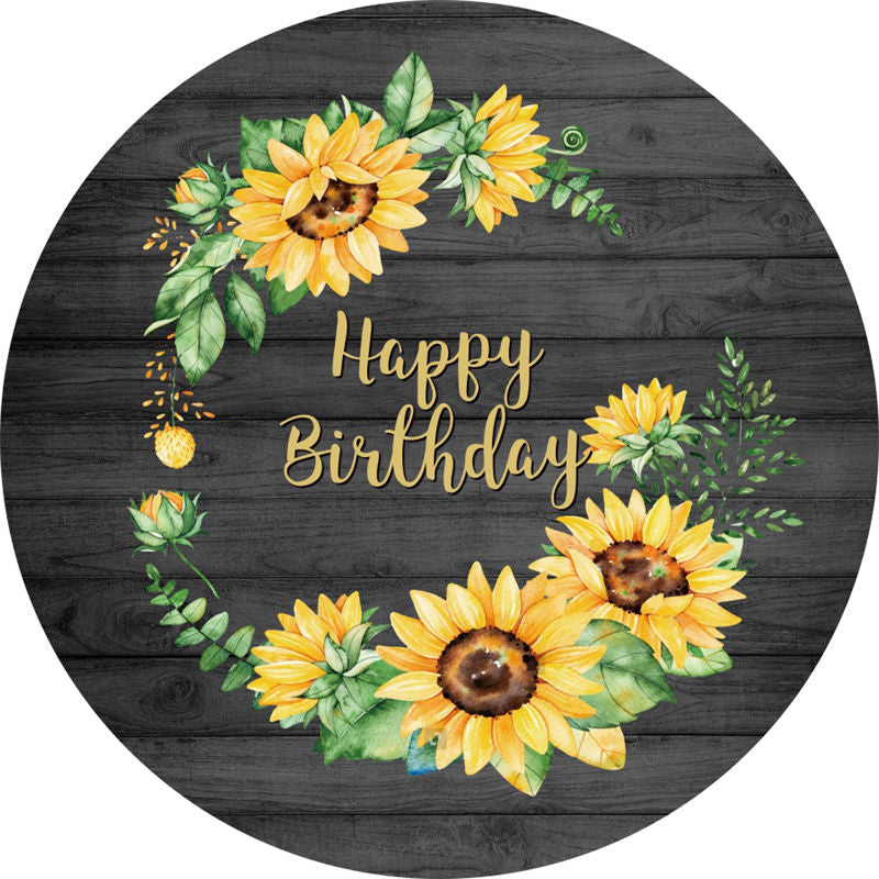 Aperturee - Sunflowers Round Black Wood Birthday Backdrop