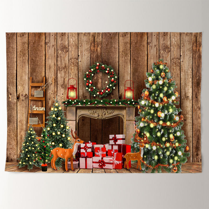 Aperturee - Sweet Cabin Christmas Tree Gift Deer Backdrop