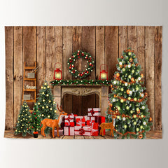 Aperturee - Sweet Cabin Christmas Tree Gift Deer Backdrop