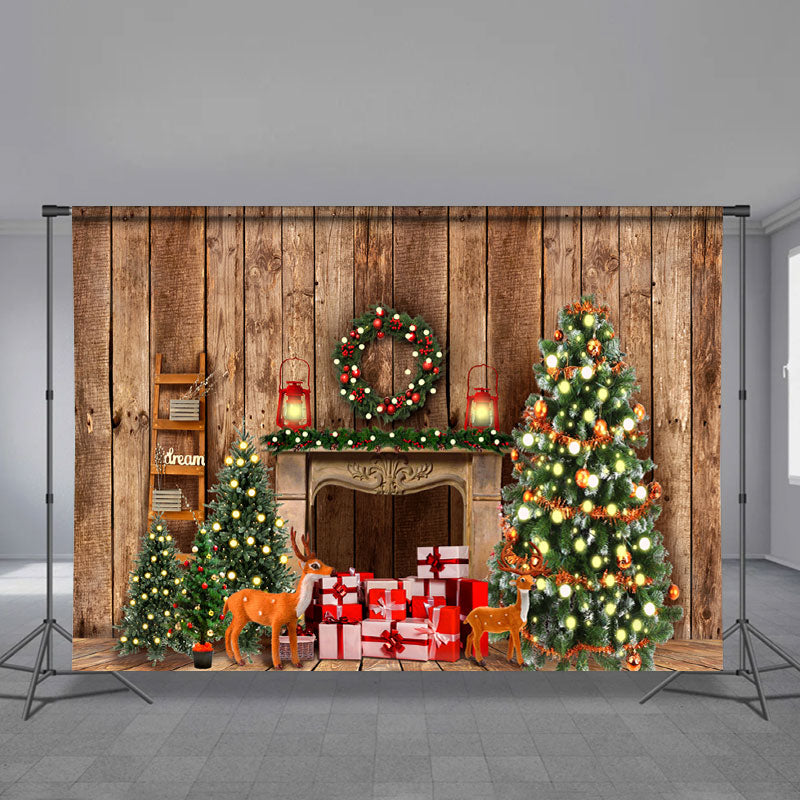 Aperturee - Sweet Cabin Christmas Tree Gift Deer Backdrop