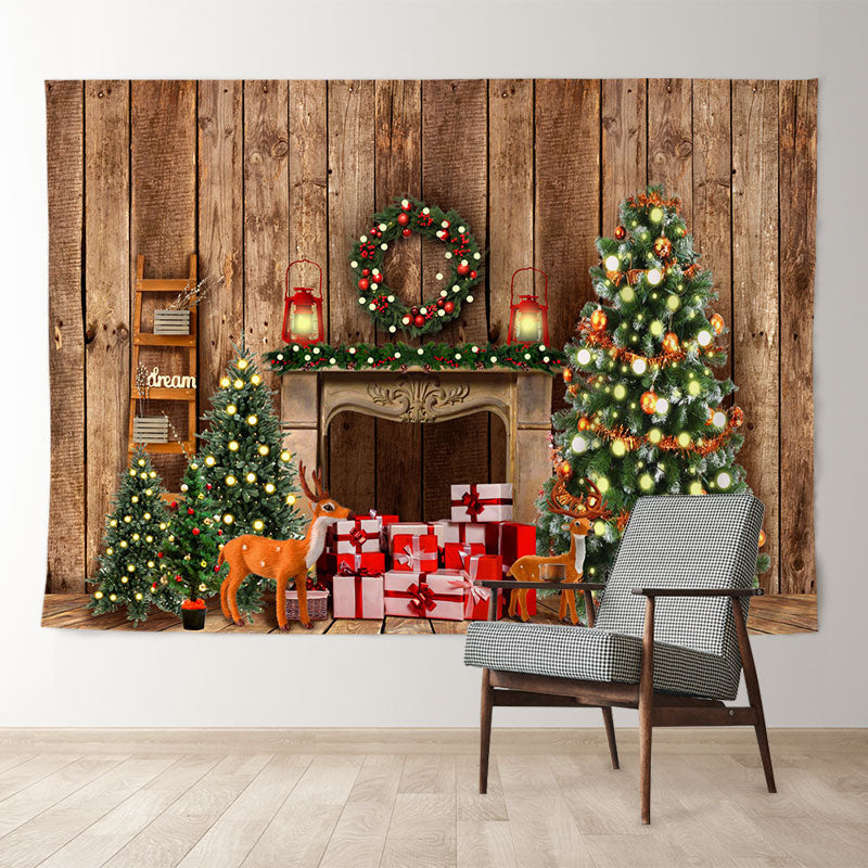 Aperturee - Sweet Cabin Christmas Tree Gift Deer Backdrop