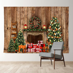 Aperturee - Sweet Cabin Christmas Tree Gift Deer Backdrop