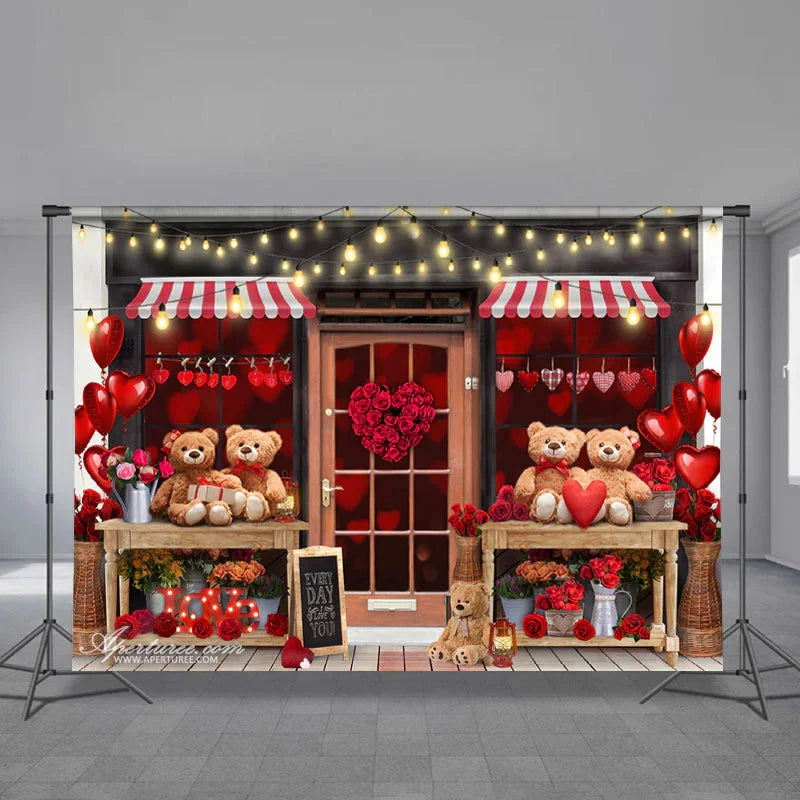 Aperturee - Teddy Love Heart Balloon Valentine Shop Backdrop