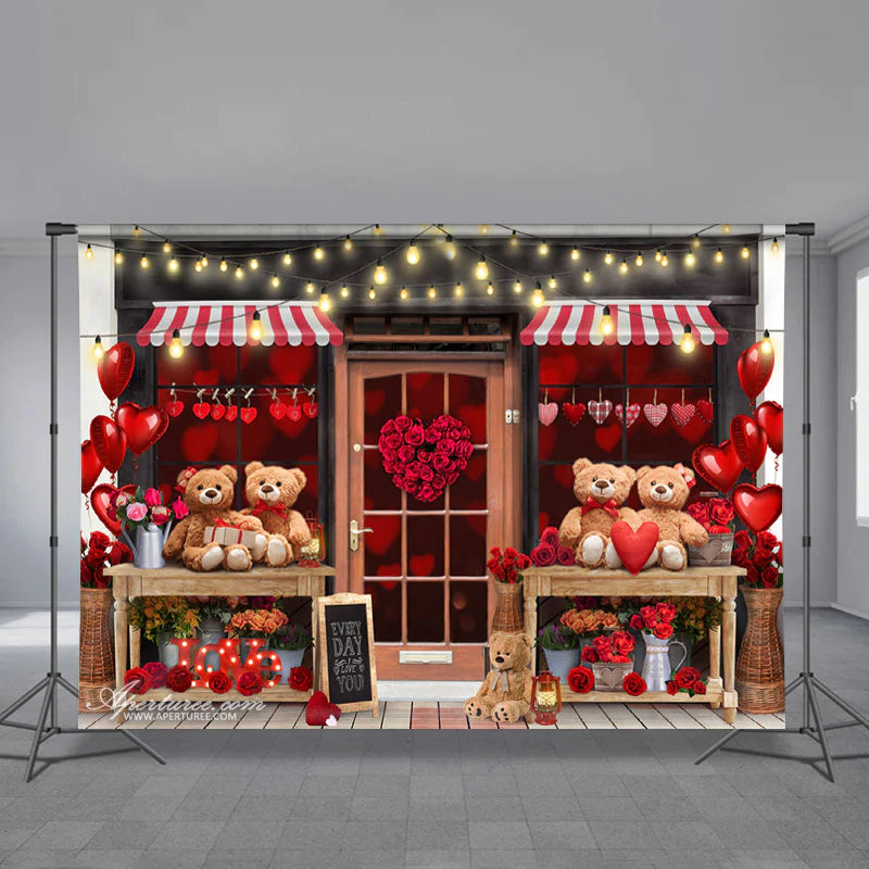 Aperturee - Teddy Love Heart Balloon Valentine Shop Backdrop
