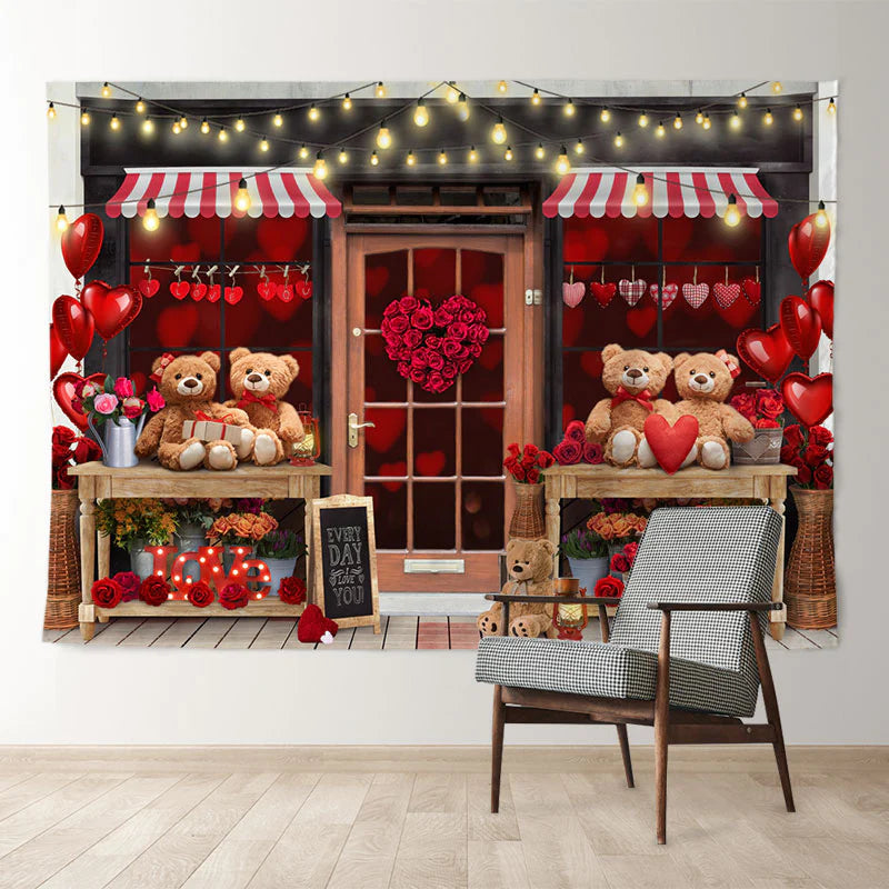 Aperturee - Teddy Love Heart Balloon Valentine Shop Backdrop