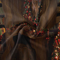 Aperturee - Vintage Bookshelf Deer Wreath Christmas Backdrop
