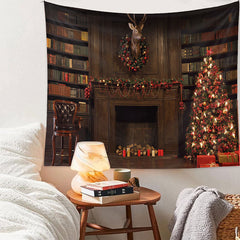 Aperturee - Vintage Bookshelf Deer Wreath Christmas Backdrop