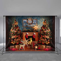 Aperturee - Vintage Fireplace Stars Deer Christmas Backdrop