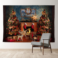 Aperturee - Vintage Fireplace Stars Deer Christmas Backdrop