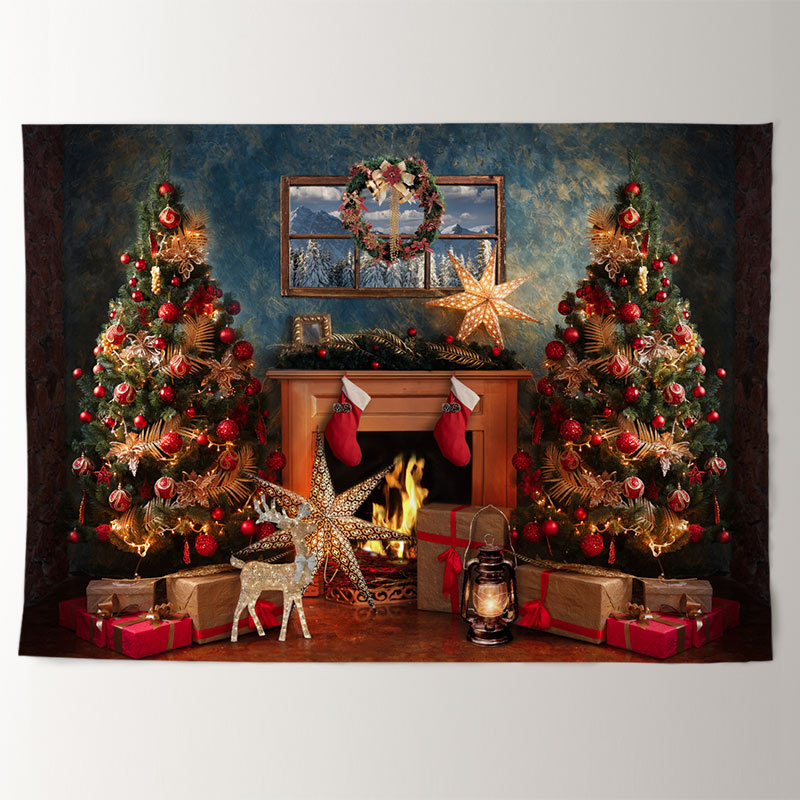 Aperturee - Vintage Fireplace Stars Deer Christmas Backdrop