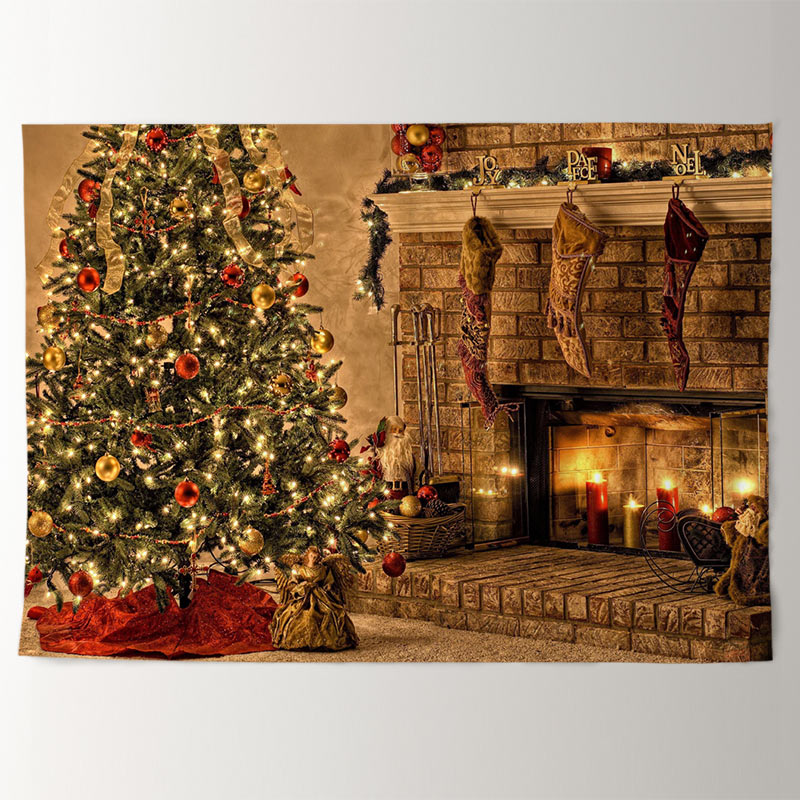 Aperturee - Vintage Fireplace Stocking Tree Christmas Backdrop