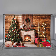 Aperturee - Vintage Wooden Fireplace Tree Christmas Backdrop