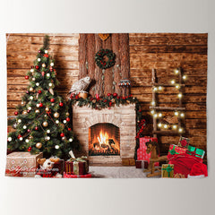 Aperturee - Vintage Wooden Fireplace Tree Christmas Backdrop