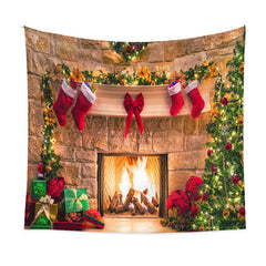 Aperturee - Vintage Xmas Tree Stockings Christmas Fireplace Backdrop
