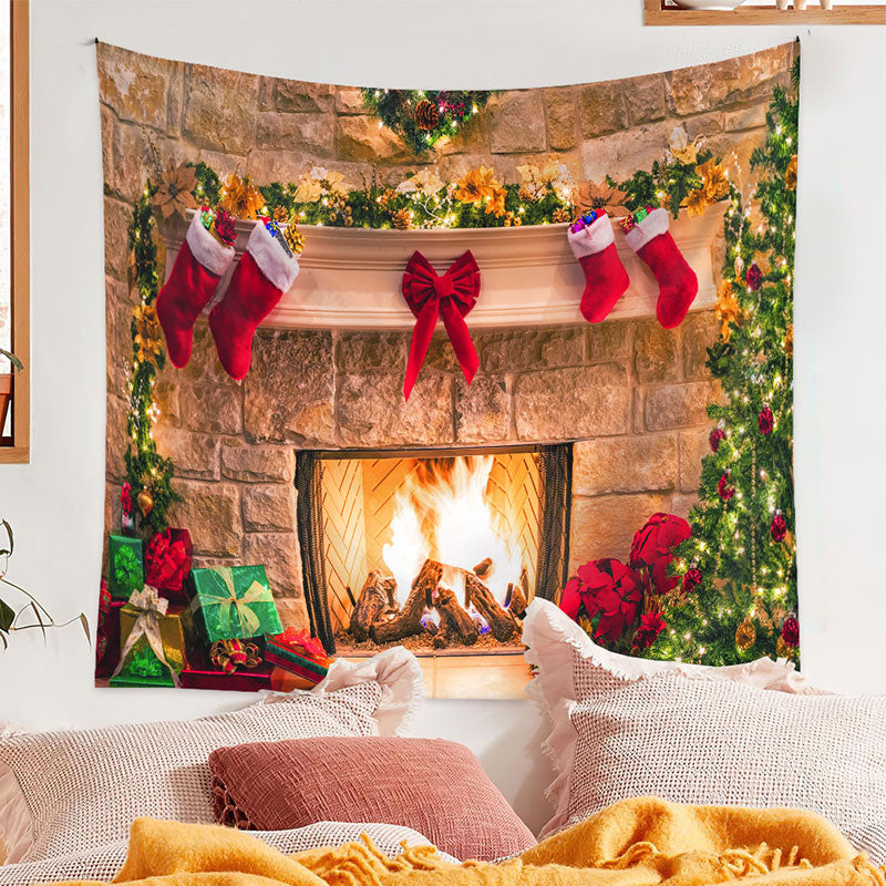 Aperturee - Vintage Xmas Tree Stockings Christmas Fireplace Backdrop