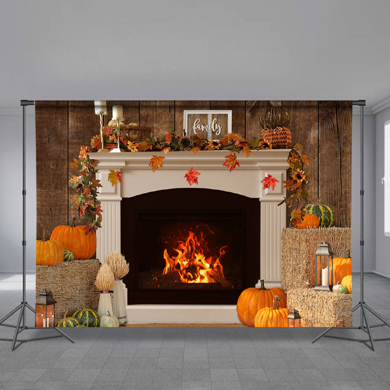 Aperturee - Warm Fireplace Pumpkin Family Christmas Backdrop