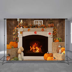 Aperturee - Warm Fireplace Pumpkin Family Christmas Backdrop