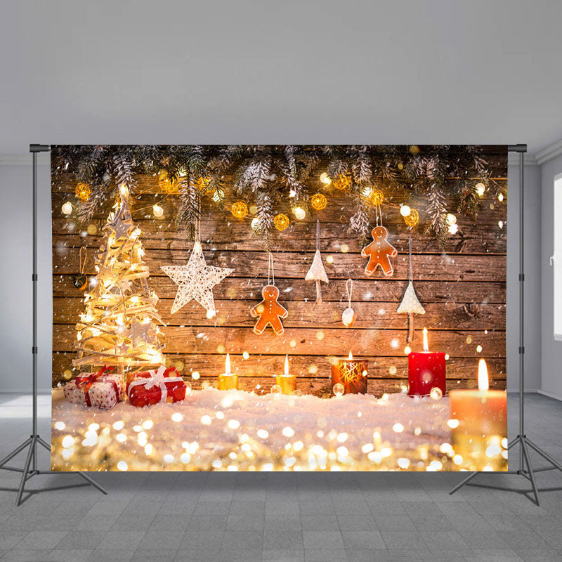 Aperturee - Warm Light Gingerman Snow Wood Christmas Backdrop