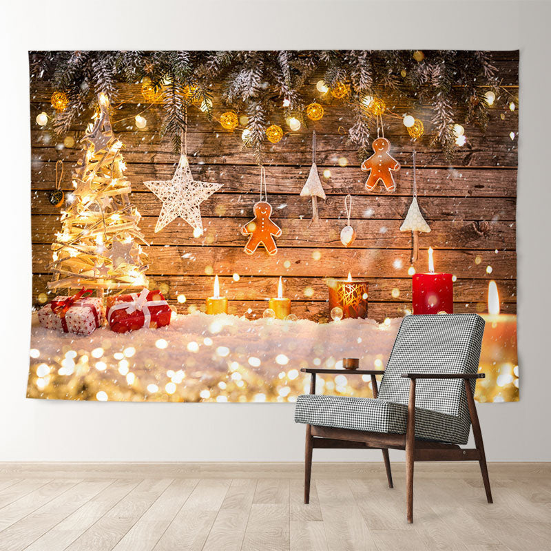 Aperturee - Warm Light Gingerman Snow Wood Christmas Backdrop