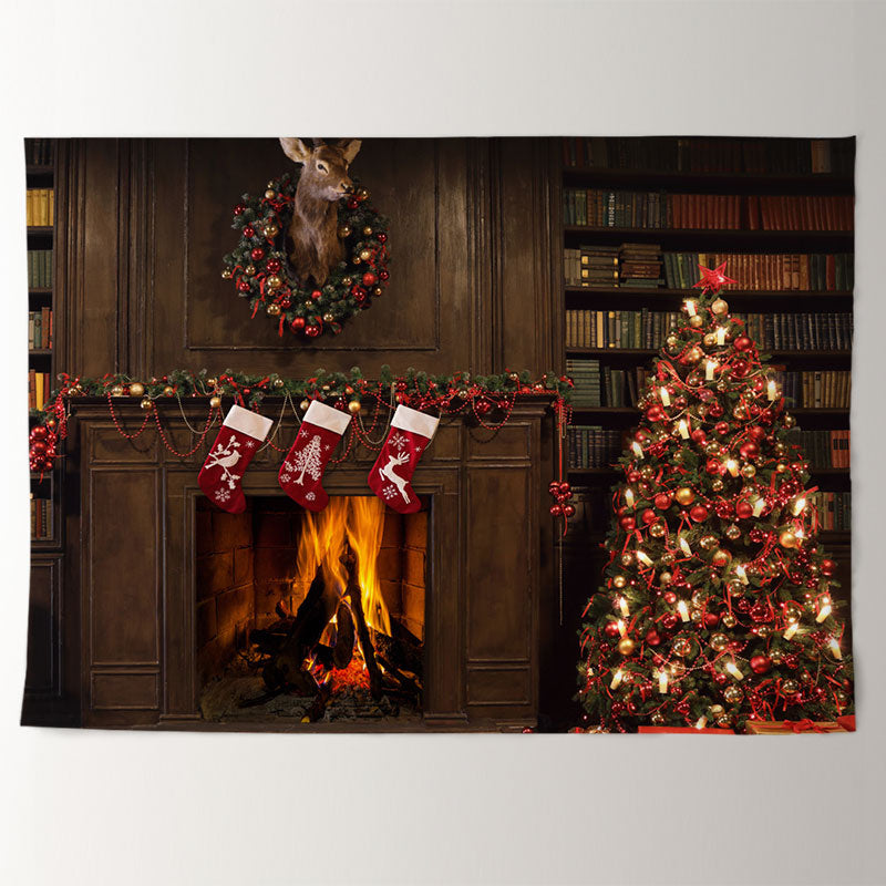 Aperturee - Warmful Fireplace Cabin Night Christmas Backdrop