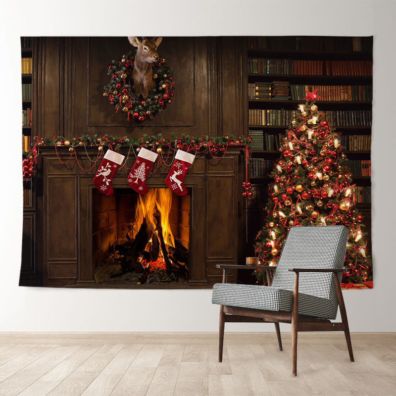 Aperturee - Warmful Fireplace Cabin Night Christmas Backdrop