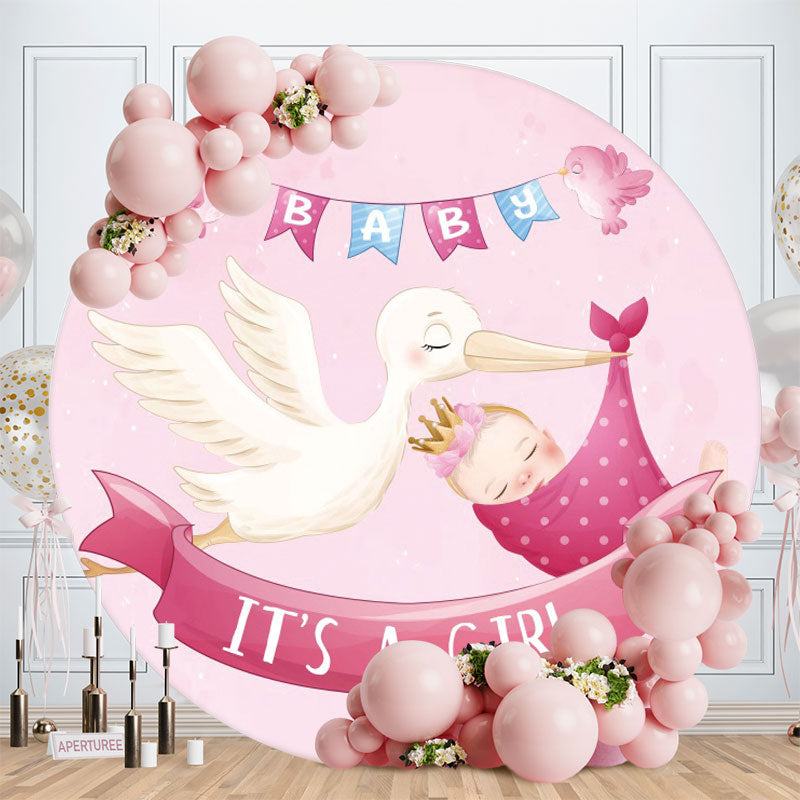 Aperturee - White Bird Round Pink Baby Shower Backdrop