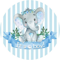 Aperturee - White-Blue Stripe Elephant Round Baby Shower Backdrop