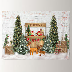 Aperturee - White Brick Wall Deer Tree Christmas Backdrop